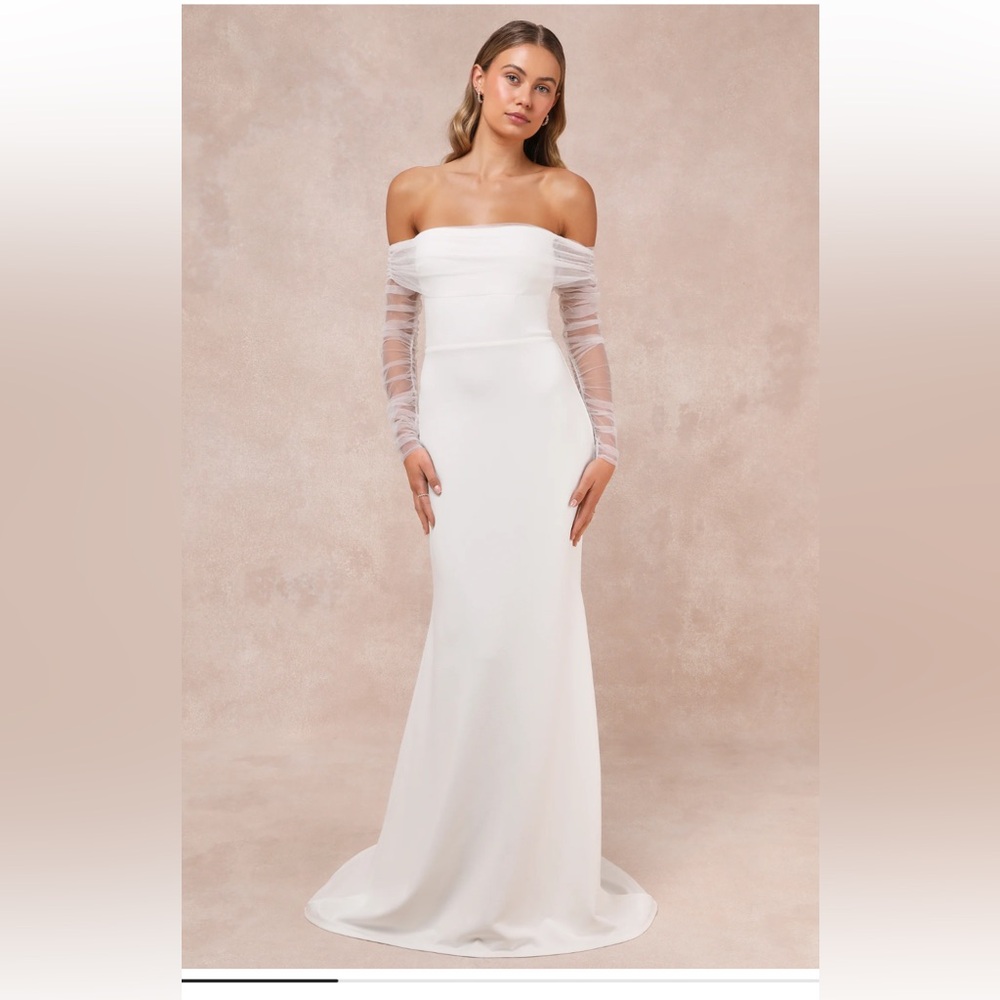 Lulus Beautifully Beloved White Mesh Off-the-Shoulder Maxi Dress NWOT